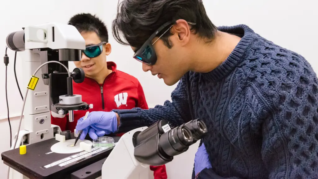 Undergrad Dhruv Biswas works with PhD student Wihan Adi in the lab