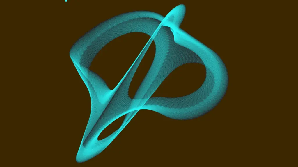 This image displays the behavior of a network with just three neurons, showing the way their output evolves by mapping their values in color. It is a teal 3D image on a black background