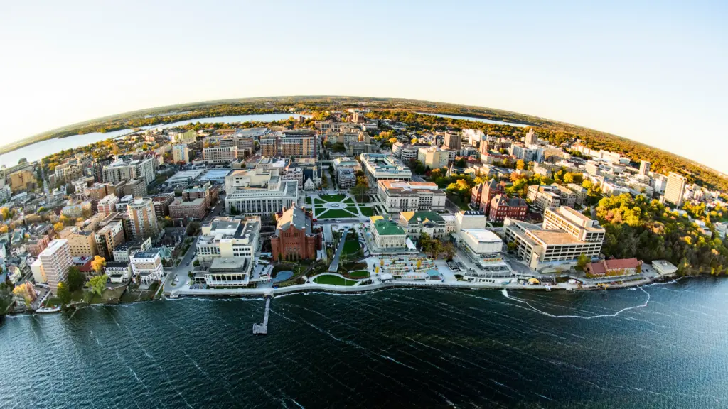 Lake Mendota and the University of Wisconsin-Madison campus, including the Memorial Union Terrace, are pictured in an early morning aerial taken from a helicopter on Oct. 23, 2018.
