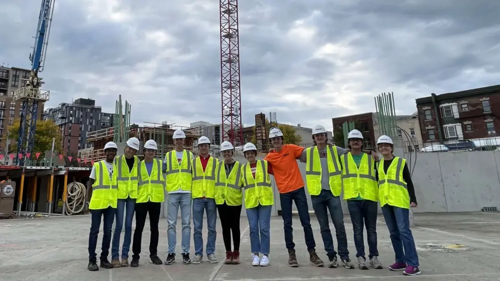 Students visit a construction site in downtown Madison.