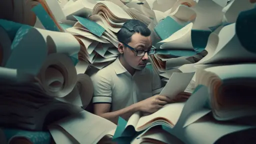 Stable Diffusion-generated image of researcher working with huge piles of data