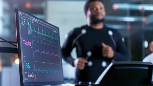Man in background running on treadmill with computer screen in foreground showing vitals.