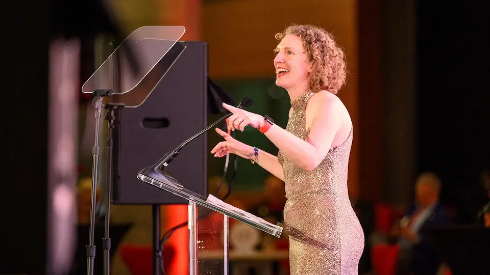 Steffi Diem speaking at UW–Madison’s 175th anniversary gala in October 2023