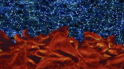 Graphic of a highly magnified surface of a water filtration membrane as a mountainous landscape