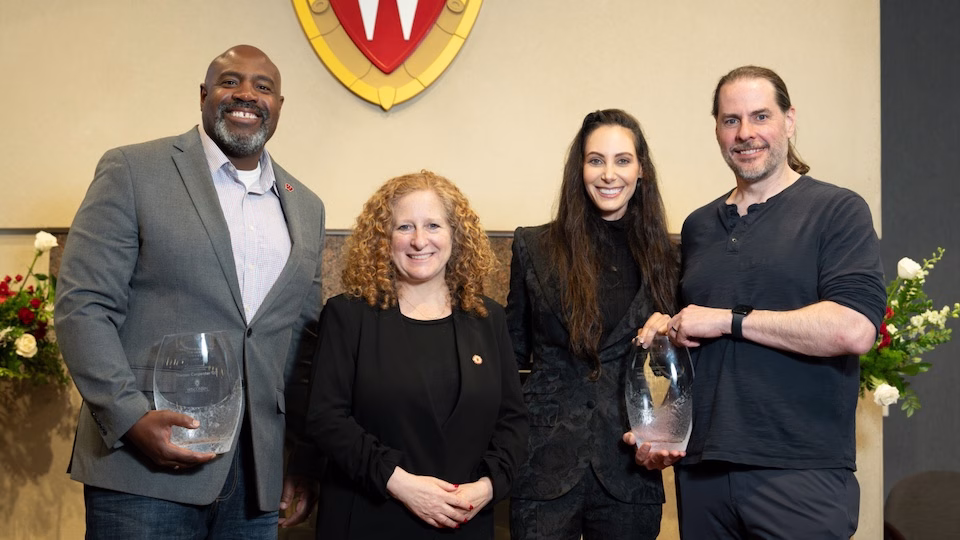 Chancellor Jennifer Mnookin, second from left, poses with winners of the Chancellor’s Entrepreneurial Achievement Award