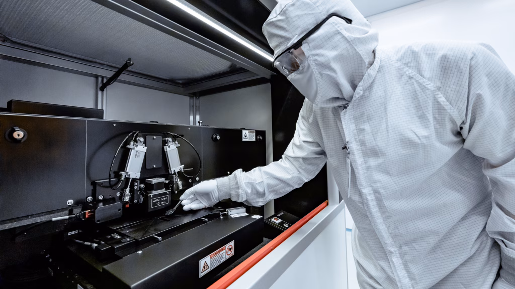 PhD student Chengyu Fang works in a clean room