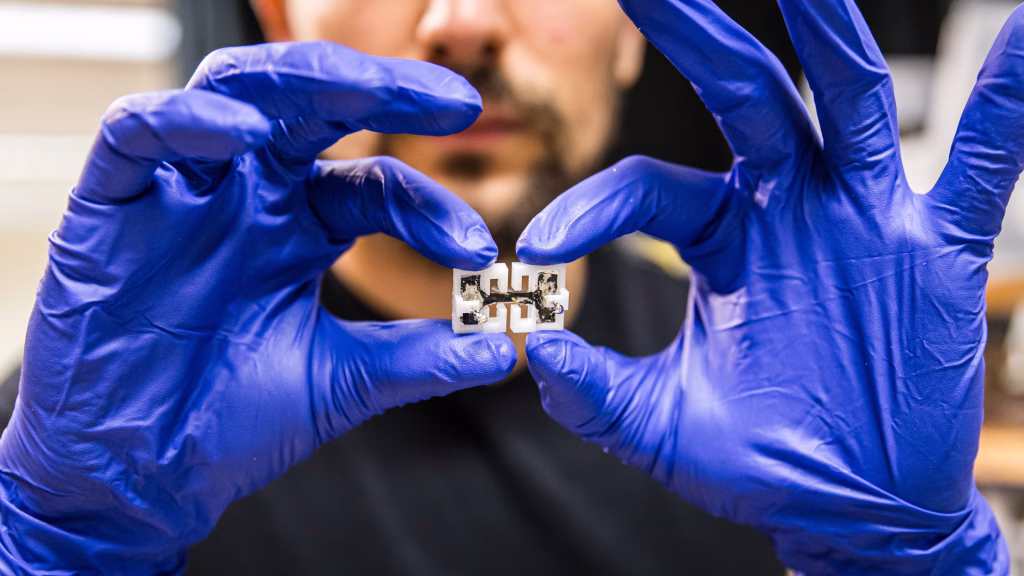 PhD student Sinan Candan holds a flexible sensor