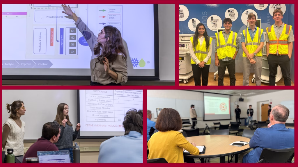 Composite of groups of college students. 3 photos have college students making presentations at front of a class room and 1 photo has a team of 4 students wearing neon safety vests in a manufacturing setting