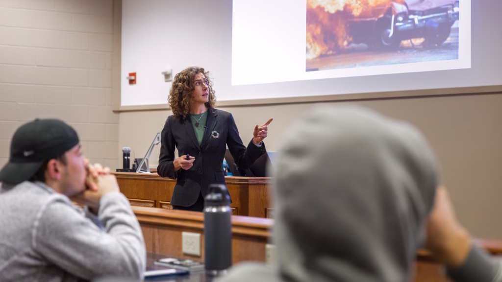 Professor Laura Albert talks to the class about the case of the Ford Pinto