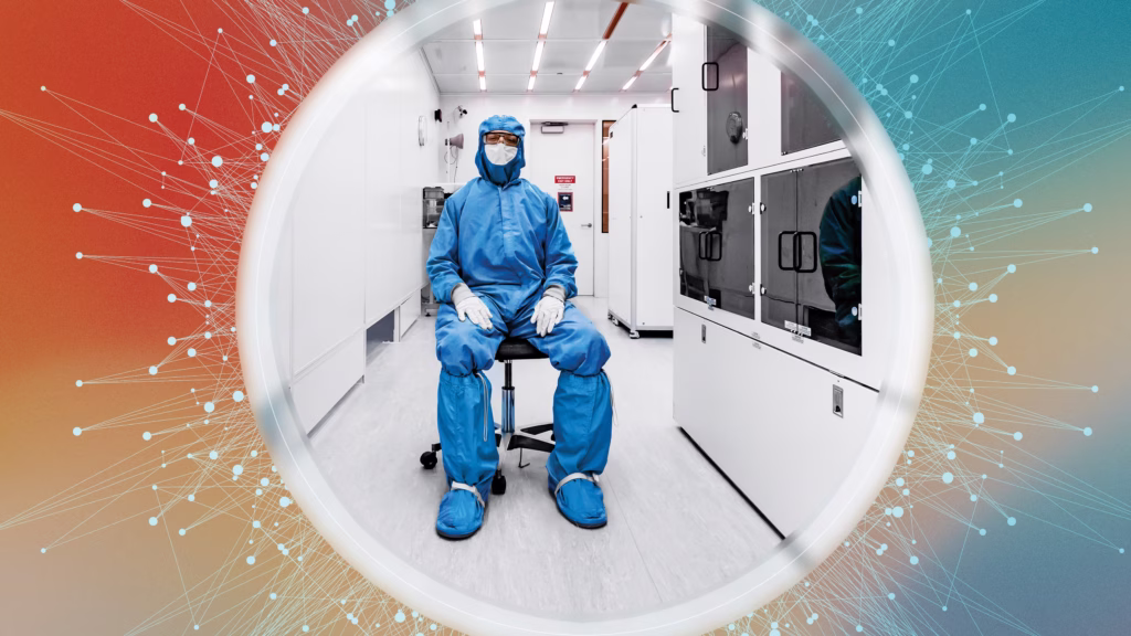 Professor Mikhail Kats sits in the college clean rooms.