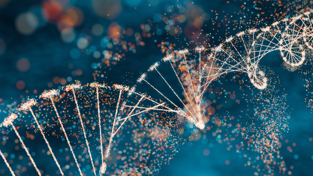 3D illustration of a DNA molecule with sparkling effects symbolizing complexity and genetic diversity. Futuristic concept of genomics, precision medicine, and computational life sciences.
